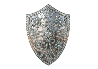 Ornate silver shield, encrusted with sparkling diamonds, showcases intricate patterns against a black background.