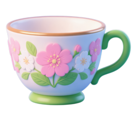 Light Blue Floral Teacup with Green Handle, Glossy 3D Realism Illustration with Transparent Background