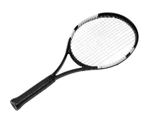 Sleek black tennis racquet with a graphite frame and a textured grip, isolated on a black background