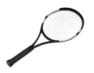 Sleek black tennis racquet with a graphite frame and a textured grip, isolated on a black background