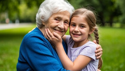 Grandmother and granddaughter embrace warmly outdoors, showcasing love and family connection in natural light. Ideal for advertising, social media, or family-oriented design projects.