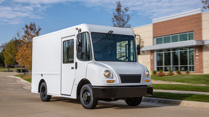 A white delivery truck drives on a sunny day, showcasing commercial transport with a backdrop of buildings and greenery. Efficient and modern design.