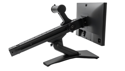 Sleek, black monitor mount with articulated arm, extending reach and offering versatile screen positioning; robust base for stability