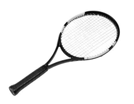 Sleek black tennis racquet with a graphite frame and a textured grip, isolated on a black background