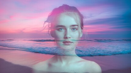 A double exposure portrait of a young woman, her face overlaid with a surreal beach where pink, purple, and blue tones blend under soft neon light.