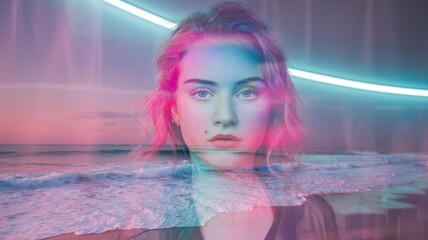 A double exposure portrait of a young woman, her face overlaid with a surreal beach where pink, purple, and blue tones blend under soft neon light.