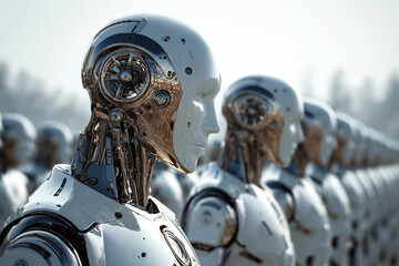 Fototapeta premium World population day celebration with chrome robots in an advanced technology setting