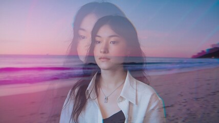 A double exposure portrait of a young woman, her face overlaid with a surreal beach where pink, purple, and blue tones blend under soft neon light.