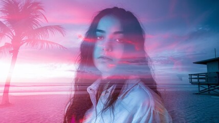 A double exposure portrait of a young woman, her face overlaid with a surreal beach where pink, purple, and blue tones blend under soft neon light.