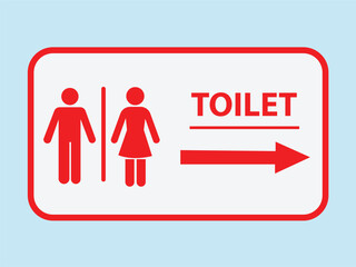 Red and white toilet sign with male and female symbols and an arrow pointing to the right.