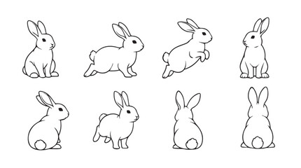 Charming line art collection of eight adorable bunnies in various poses and activities silhouette © Pias