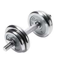 Naklejka premium Chrome dumbbell with threaded barbell and weight plates, isolated on black