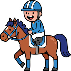 Cute cartoon jockey riding a brown horse
