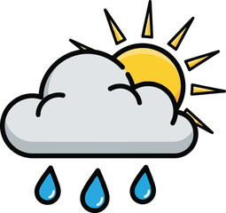 Cartoon illustration of a sun partially hidden behind a cloud, with three raindrops falling from the cloud