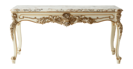 Ornate Vintage Table with Marble Top and Intricate Carvings on Transparent Background