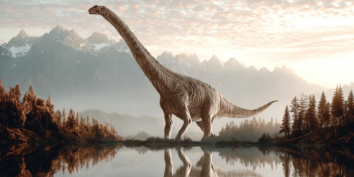 Aegyptosaurus explores primeval landscapes of lakes and mountains during prehistoric times