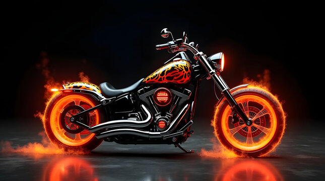 Naklejki Flaming Ride: The Fire-Wheel motorcycle Created with Generative AI technology