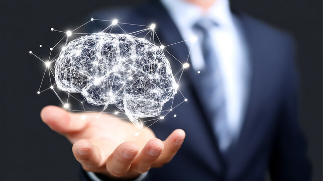 Businessman holding a digital brain with interconnected network nodes, symbolizing artificial intelligence and neural networks - Powered by Adobe