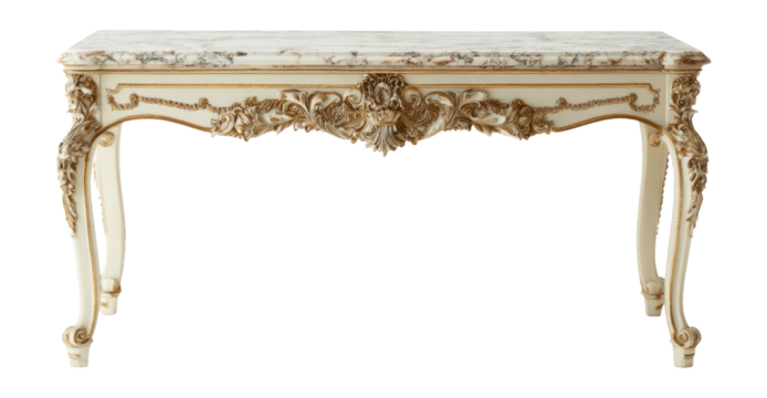 Ornate Vintage Table with Marble Top and Intricate Carvings on Transparent Background