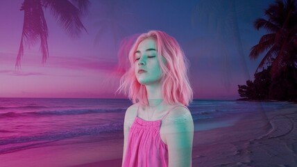A double exposure portrait of a young woman, her face overlaid with a surreal beach where pink, purple, and blue tones blend under soft neon light.