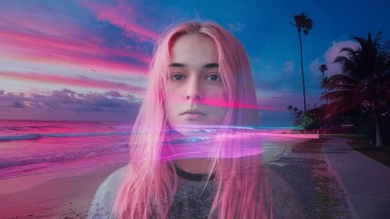 A double exposure portrait of a young woman, her face overlaid with a surreal beach where pink, purple, and blue tones blend under soft neon light.