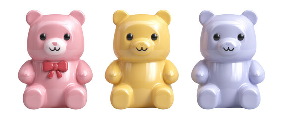 Fototapeta premium Colorful Cute Bear Figures in Pink, Yellow, and Purple on Transparent Background