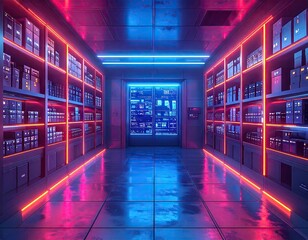 Cyberpunk Server Room: Neon Glowing Shelves and Data Screen