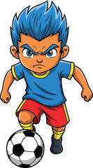 Angry cartoon boy with blue spiky hair playing soccer