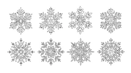 Collection of eight intricate snowflake designs for winter holiday and christmas decoration projects silhouette