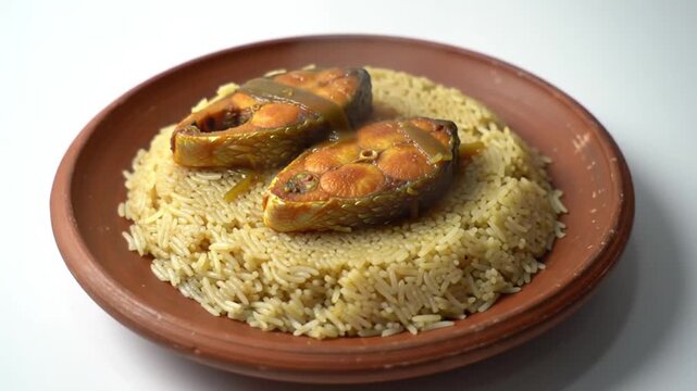 &ldquo;Freshly cooked Bangladeshi panta ilish served in clay plate, traditional healthy food concept, clean background, stock photo style.&rdquo;