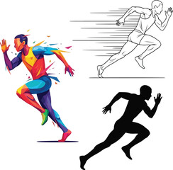 Three representations of a runner in motion a colorful abstract, a line drawing, and a silhouette