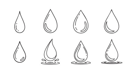 Collection of hand drawn water drops in various stages of formation and splash silhouette