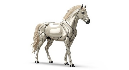 Naklejka premium A highly detailed, realistic illustration of a metallic white horse with visible joint lines, standing gracefully against a plain white background.