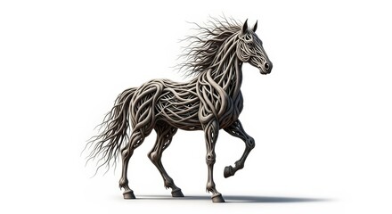 Fototapeta premium A striking sculpture of a horse, intricately crafted from interwoven branches and roots, stands in a dynamic pose against a clean white background.