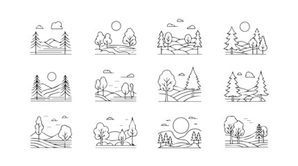 Collection of twelve charming hand-drawn outdoor scenes with trees mountains and nature elements silhouette