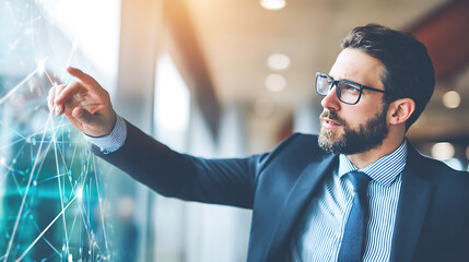 Businessman analyzing digital network data on interactive screen in modern office