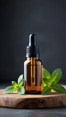 Essential oil bottle with mint leaves on a wooden board for natural remedies and health 90