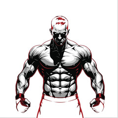 Aggressive muscular fighter with boxing gloves and intense stare, ready for combat