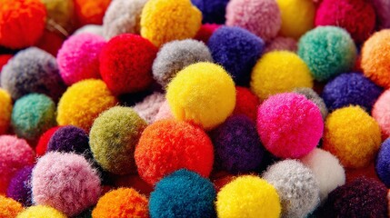 Pile of fluffy, round decorations in a rainbow of colors, creating a fun and vibrant texture. A playful and festive collection of colorful pom-poms.