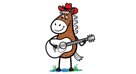 A cartoon brown horse wearing a red cowboy hat and playing a white acoustic guitar.
