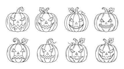 Set of eight spooky jack o lantern pumpkin faces for halloween decorations and crafts silhouette