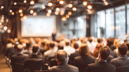 Large Audience at Conference: Back view of people in a seminar room. The speaker is on stage. Perfect for business, education, event themes.