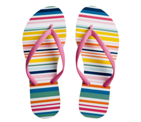 generate an image of colorful striped flip-flops with pink straps, suitable for girls aged four to six years old. the slippers should have bright stripes in various colors such as turquoise blue,