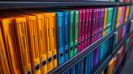 Office filing cabinet with labeled folders and color-coded tabs arranged perfectly 