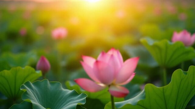 Sunrise in the field of lotuses, Pink lotus Nelumbo nucifera sways in the wind. Against the background of their green leaves. Lotus field on the lake in natural environment.