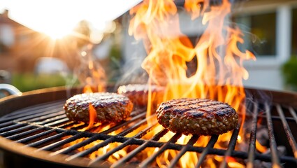 Grilling burgers on a fiery grill with flames and smoke outdoors in the summer sun