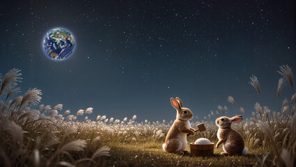 十五夜のウサギと地球を望む夜空