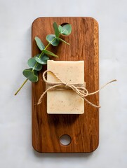Natural soap with eucalyptus on wooden board for a spa like experience at home now