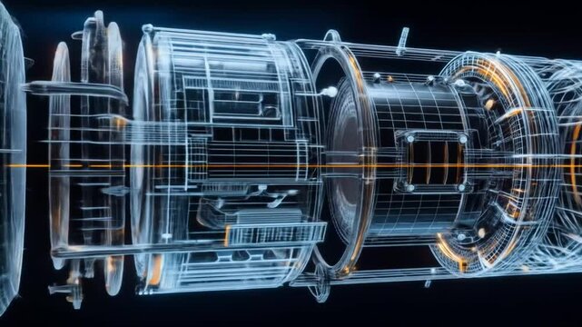 The aircraft's engines rotate, revealing intricate internal components through animated wireframes and pulsating sound waves. 4k video