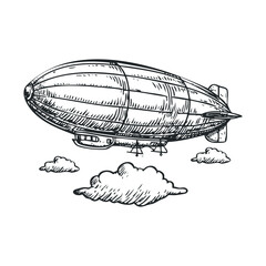 Vintage airship floating among fluffy clouds in a clear sky. Vector illustration